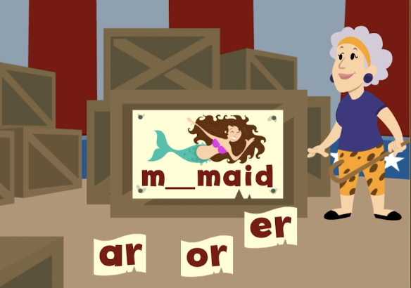 Samson's word crates fun ABCmouse game to learn about r controlled vowels for kids. 